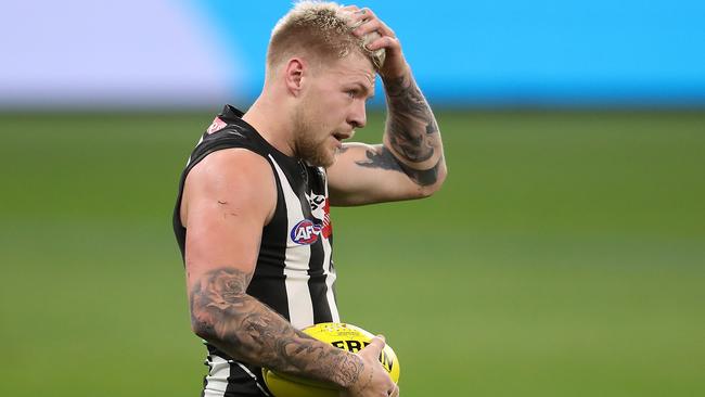 PERTH, AUSTRALIA - JULY 16: Jordan De Goey of the Magpies looks on during the round 7 AFL match between the Geelong Cats and the Collingwood Magpies at Optus Stadium on July 16, 2020 in Perth, Australia. (Photo by Paul Kane/Getty Images)