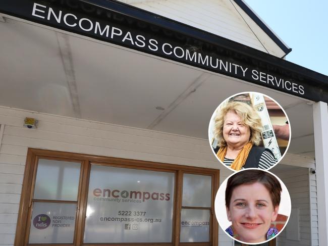 Encompass Community Service office at East Geelong. Inset: Encompass chief executive Elaine Robb, top, and board chair Alyson Miller.