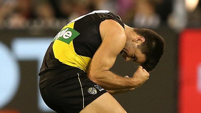 Trent Cotchin celebrates Richmond’s win on the siren. Picture: Wayne Ludbey