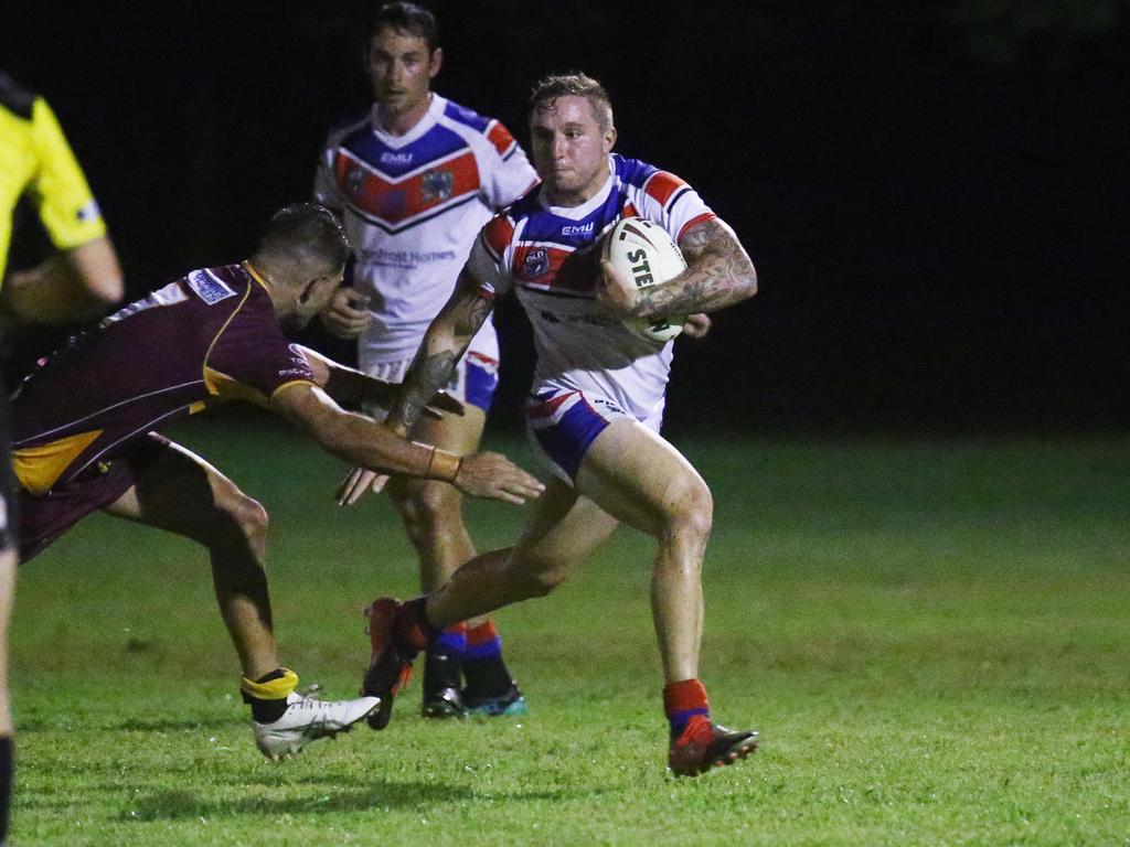 Knights' Blayde Lawson proved hard to stop in the Cairns and District Rugby League (CDRL) match between the Ivanhoe Knights and the Southern Suburbs Cockatoos, held at Smithfield. Picture: Brendan Radke