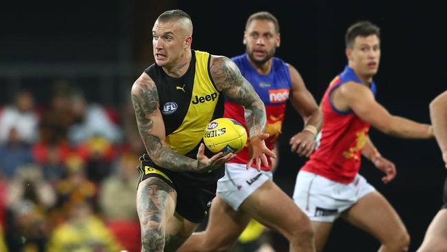 Dustin Martin in top form against Brisbane at Metricon Stadium, where the Tigers are unbeaten this season. Picture: Getty Images