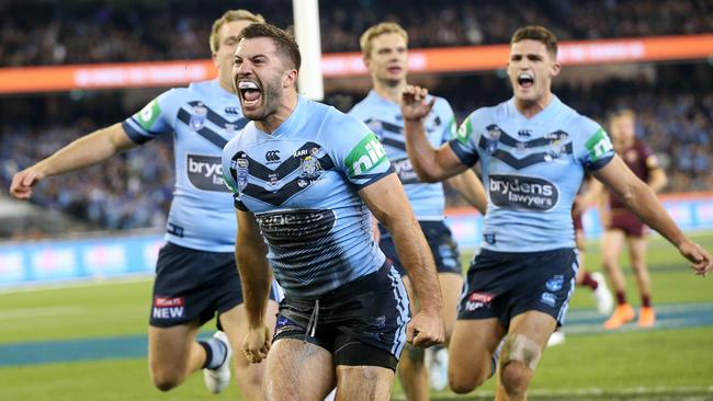 James Tedesco celebrates after the opening try for NSW. (Michael Klein)