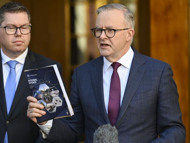 CANBERRA, AUSTRALIA - APRIL 24: The Prime Minister, Anthony Albanese, Deputy Prime Minister and Minister for Defence, Richard Marles, Minister for Defence Industry, Pat Conroy, and the Chief of the Defence Force, General Angus Campbell hold a press conference after releasing the Defense Strategic Review at Parliament House Canberra. Picture: NCA NewsWire / Martin Ollman