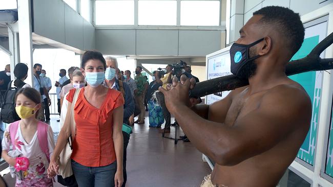 The Laurie family from Sydneyarrive at Nadi. Picture: Elena de Bruijne