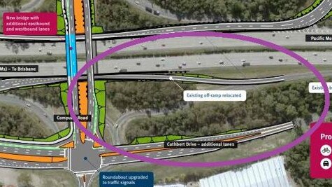 Inside the oval is the existing northbound slip lane which many residents did not realise was to go because it is still included in the Department of Transport and Main Roads graphic that shows changes superimposed over an existing image.