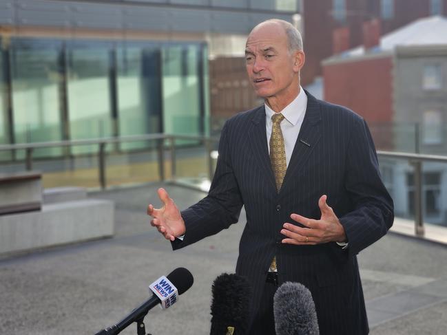 Attorney-General Guy Barnett speaks to the media in Parliament Square in Hobart on Wednesday, June 19, 2024.