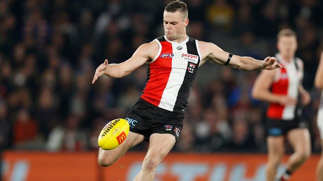 MELBOURNE, AUSTRALIA – JULY 09: Brad Crouch of the Saints in action during the 2022 AFL Round 17 match between the St Kilda Saints and the Fremantle Dockers at Marvel Stadium on July 09, 2022 in Melbourne Australia. (Photo by Michael Willson/AFL Photos via Getty Images)