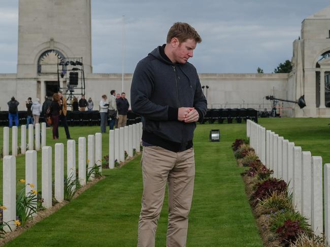 Victoria Cross Medal recipient Daniel Keighran at the Villiers Memorial site said he remembers lost mates on Anzac Day. Picture: Alastair Miller