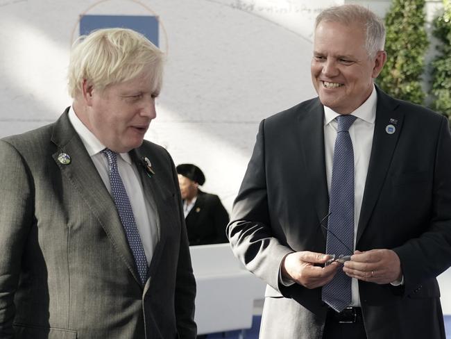 Australian Prime Minister Scott Morrison attends the G20 Official Welcome and Family photo and chats with Boris Johnson and Justin Trudeau in Rome on Saturday, October 30, 2021. Picture: Adam Taylor