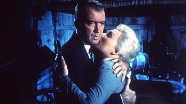 Actors James Stewart and Kim Novak in scene from Alfred Hitchcock’s 1958 film Vertigo.