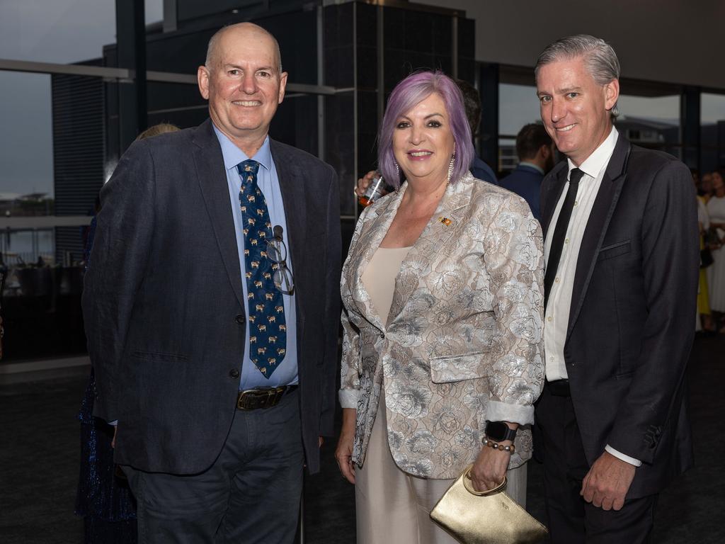 Phil Hausler, Minister Robyn Cahill and Alex Bruce at the 2025 NTCA and AACo Gala Dinner at the Darwin Convention Centre. Picture: Pema Tamang Pakhrin