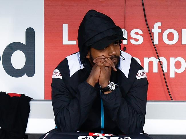 Willie Rioli watches on from the bench. Picture: Michael Willson/AFL Photos via Getty Images