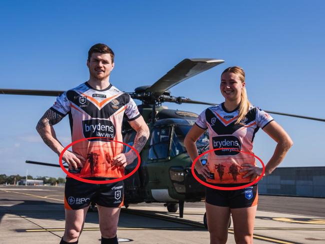 John Bateman and Ruby-Jean Kennard models the Anzac jersey. Picture: Wests Tigers