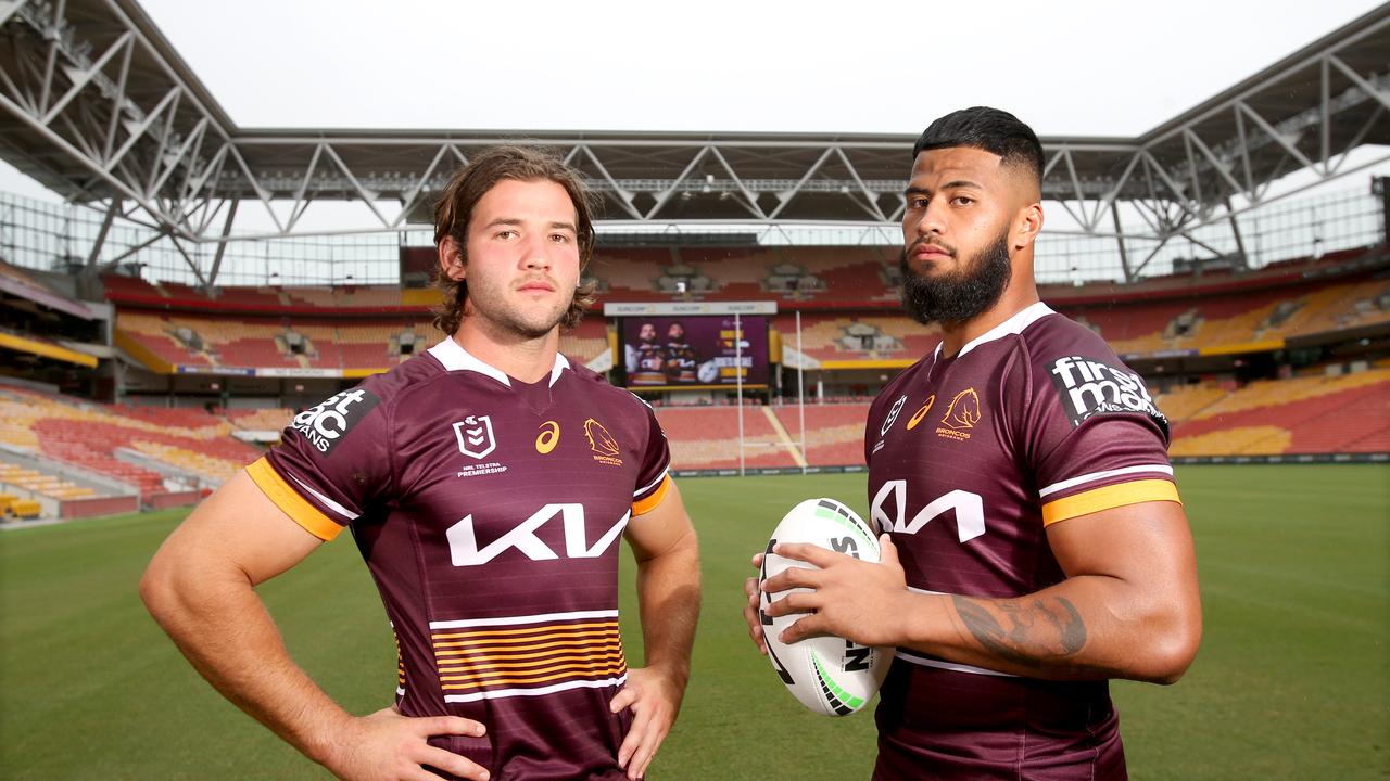 Pat Carrigan and Payne Haas will lead the Broncos middle on Sunday. Picture: Steve Pohlner