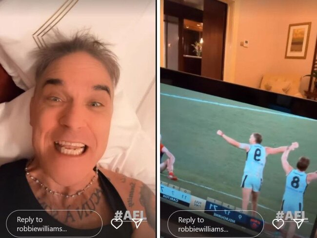 Screenshots of Robbie Williams’ Instagram story after Carlton’s win on Friday night.