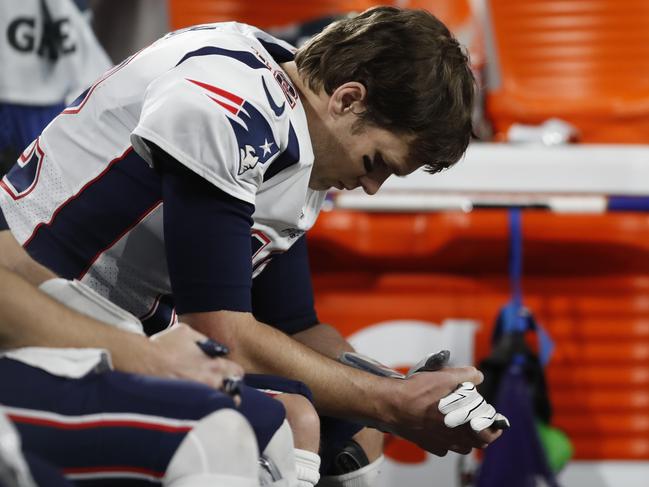 New England Patriots’ Tom Brady sits on the bench after losing a fumble during the second half of the NFL Super Bowl 52 football game against the Philadelphia Eagles Sunday, Feb. 4, 2018, in Minneapolis. Picture: AP