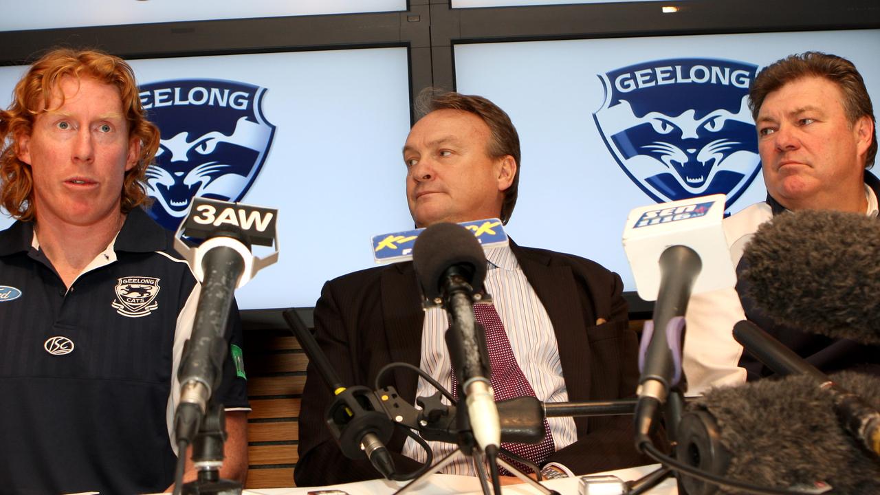 Neil Balme (right) with Cameron Ling and Brian Cook at the Geelong press conference after Gary Ablett left for Gold Coast.