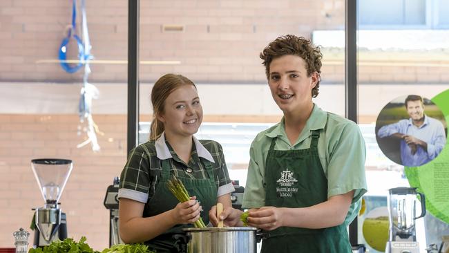 Westminister students in cooking class, Lilly, 15 and Charlie, 16 are in year 10. Picture: Roy VanDerVegt