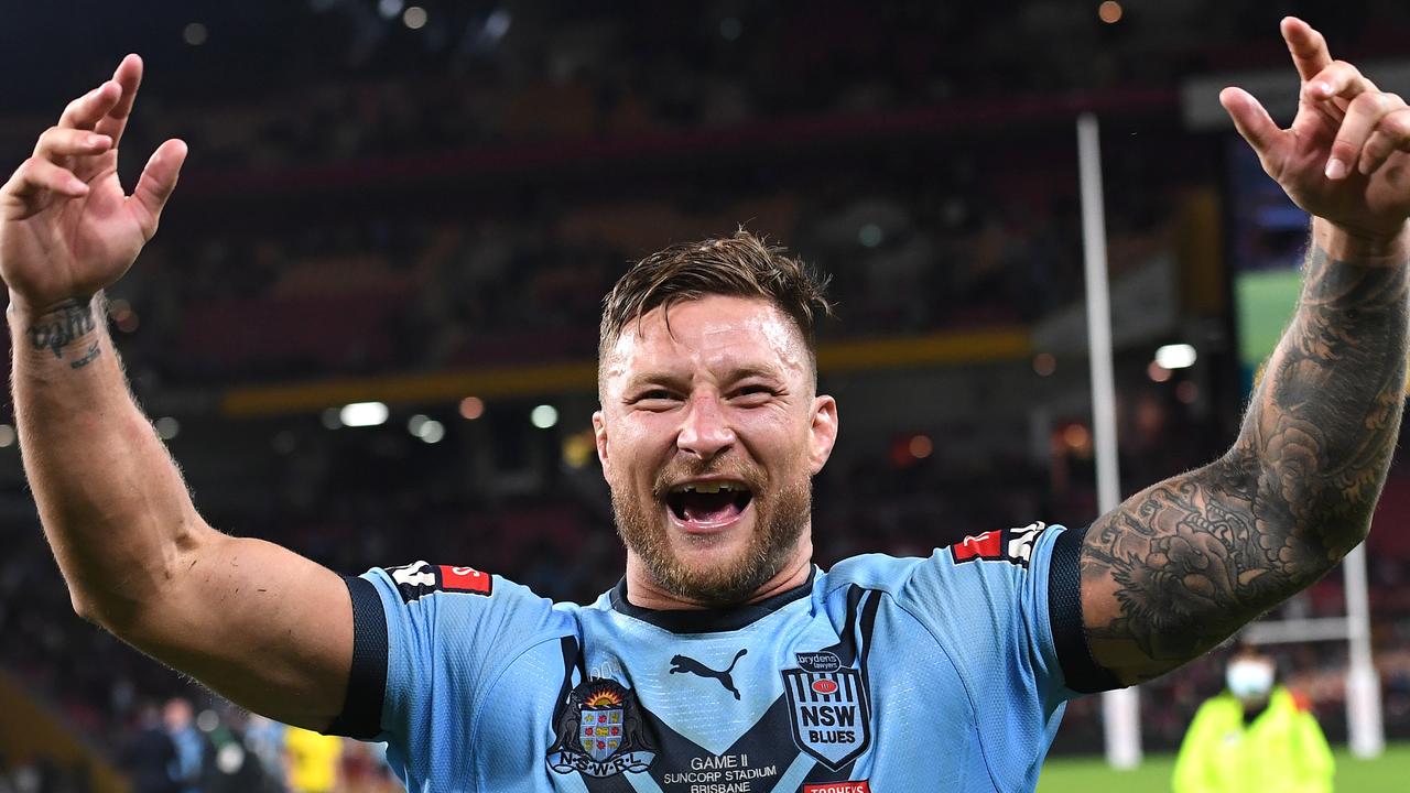 BRISBANE, AUSTRALIA - JUNE 27: Tariq Sims of the Blues celebrates winning game two of the 2021 State of Origin series between the Queensland Maroons and the New South Wales Blues at Suncorp Stadium on June 27, 2021 in Brisbane, Australia. (Photo by Bradley Kanaris/Getty Images)