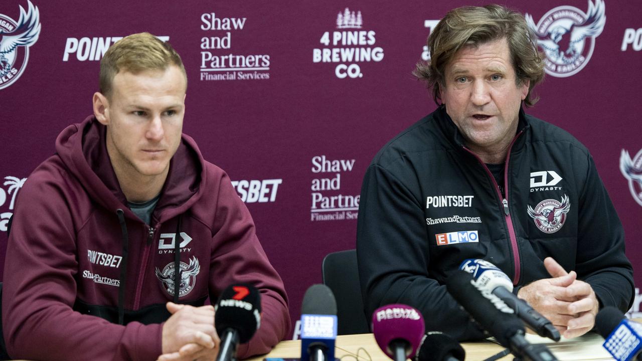 Coach Des Hasler L and captain Daly Cherry-Evans R pictured speaking at a press conference held inside the Sea Eagles Foundation Room at the new Centre of Excellence Building.