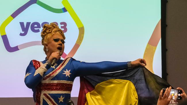 A drag queen performs the anthem of the Yes campaign in front of Julia Gillard at the campaign launch in London. Picture: Jacquelin Magnay