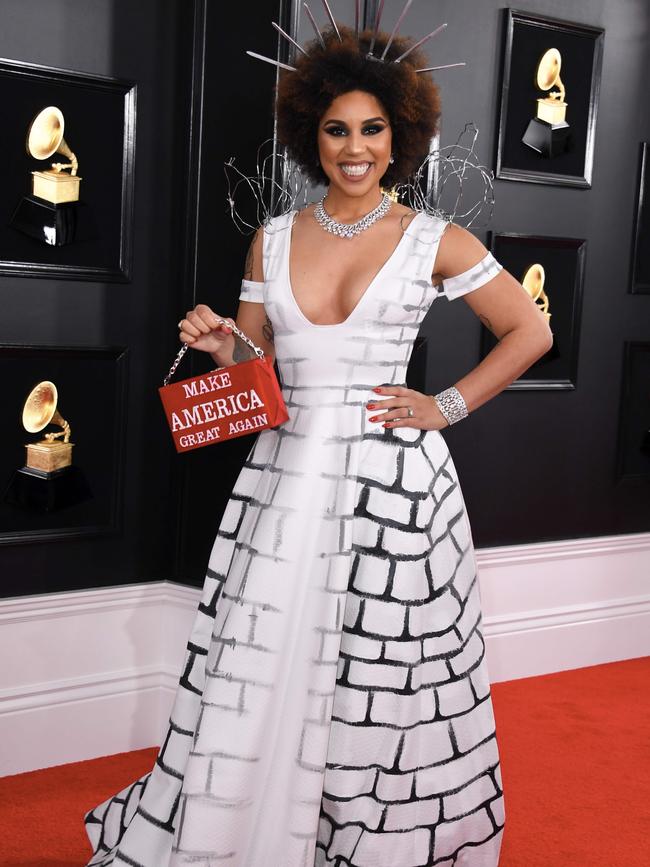 Singer Joy Villa at the Grammys wearing a ‘Build the Wall’ dress to support Donald Trump’s campaign. Picture: AFP