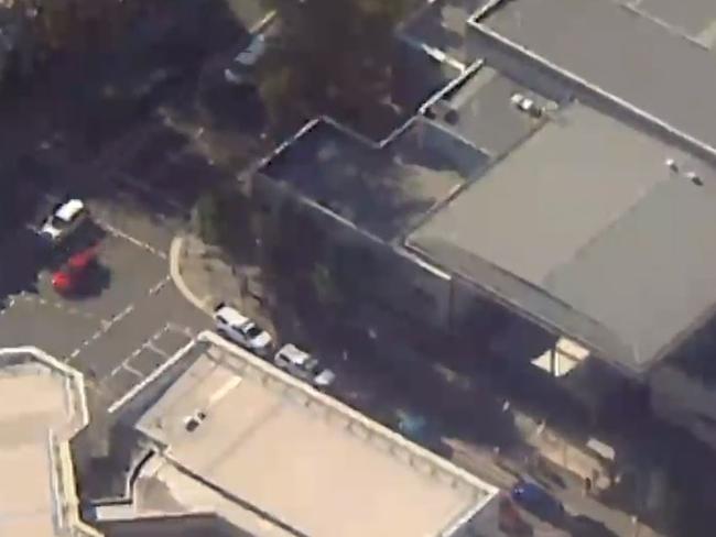 A Channel 7 helicopter view of the Parramatta court precinct, in lockdown after a bomb threat.