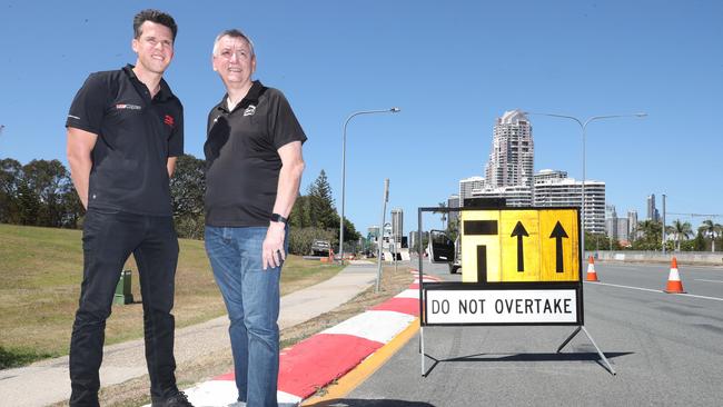 Supercars Event Manager, Matthew Ramsden, and local business owner, Mick Ellison Mano's Bar &amp; Grill, check out the start of works. Picture: Glenn Hampson