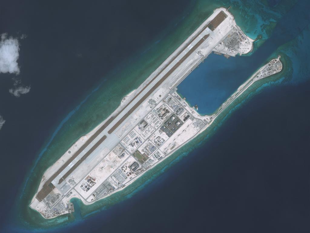 On May 2, China reportedly installed anti-ship cruise missiles and surface-to-air missile systems on Fiery Cross Reef, pictured above. Source: CSIS/AMTI