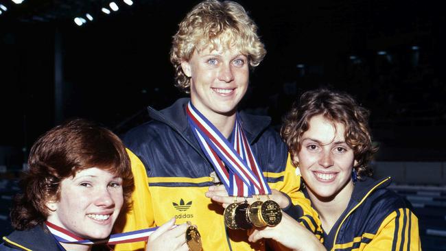 1982 Commonwealth Games star swimmers, from left, Tracey Wickham with two gold medals, Lisa Curry with three gold medals and Lisa Forrest with two gold medals.