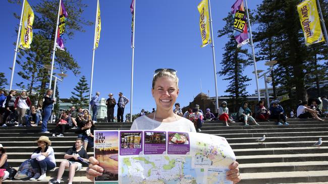 Swedish tourist Emma Engerby Jonsson, 20, on Manly Beach. The council is keen for more domestic tourists to visit the northern beaches while the number of international travellers has dropped. Picture: Bradley Hunter