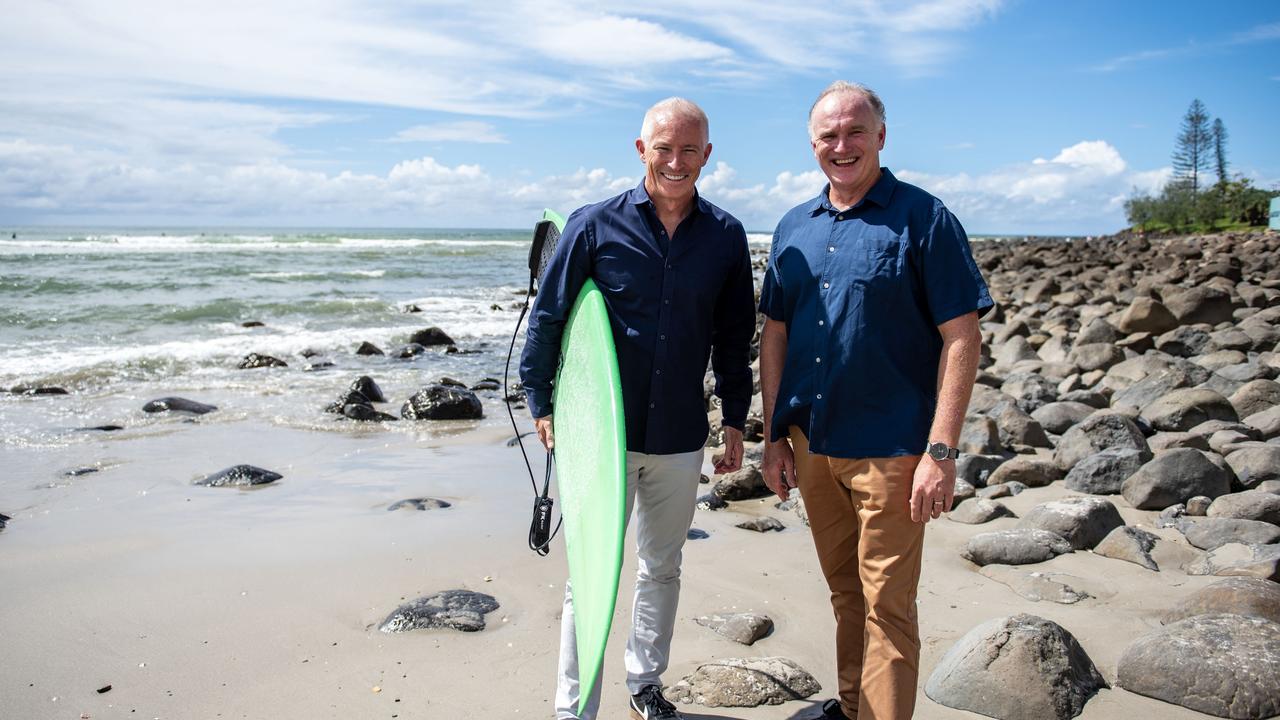 World Surf League Asia Pacific president, Andrew Stark, and Experience Gold Coast chief executive, John Warn. The Bonsoy Gold Coast Pro is set to take place between May 3 and 13 at Burleigh Heads. Picture: Tom Bennett.