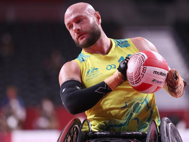 Chris Bond, of Team Australia controls the ball against Team Japan during the bronze medal wheelchair rugby match on day 5 of the Tokyo 2020 Paralympic Games. Picture: Alex Pantling/Getty Images