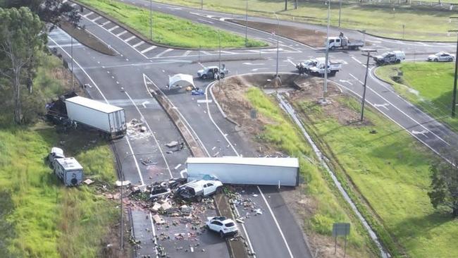 An aerial view of the site of the triple fatal at the intersection of Walker St and the Bruce Highway in Maryborough.