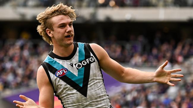 Jason Horne-Francis celebrates a goal against the Dockers. Picture: Daniel Carson/AFL Photos via Getty Images