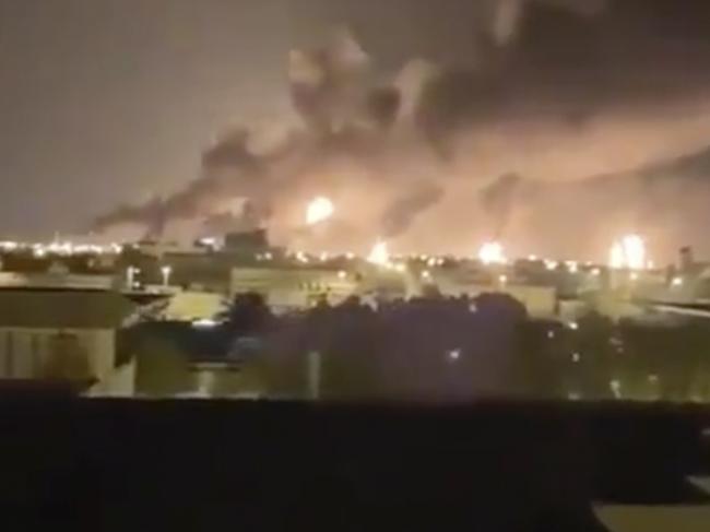 Smoke fills the sky at the Abqaiq oil processing facility on Saturday, Sept. 14, 2019 in Saudi Arabia.   Drones claimed by Yemen's Houthi rebels attacked the world's largest oil processing facility in Saudi Arabia and a major oilfield operated by Saudi Aramco early Saturday, sparking a huge fire at a processor crucial to global energy supplies.  (Validated UGC via AP)