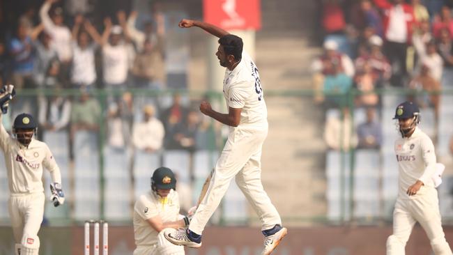 Ravichandran Ashwin celebrates the wicket of Australia's Steve Smith in the second Test in Delhi in 2023