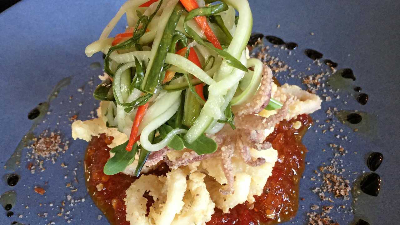 ENTREE: Crispy fried calamari with spiced salt, pickled cucumber and chilli jam. Picture: Caitlin Zerafa