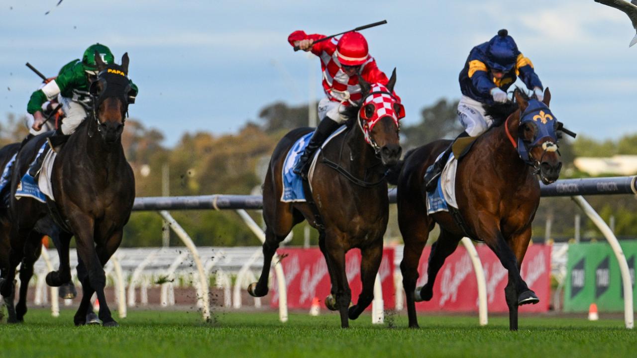 Haaracaine surges along the rail to win first-up at Flemington. Picture: Vince Caligiuri/Getty Images