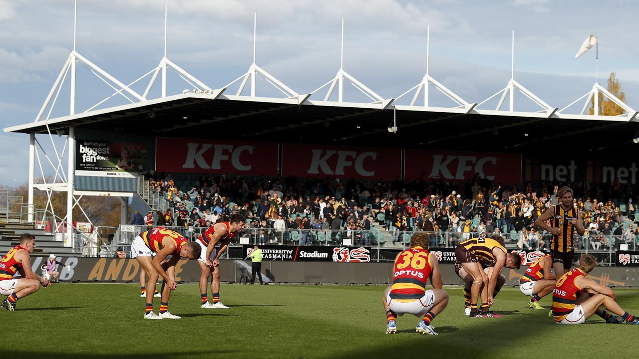 Dejected Crows players after being overrun by Hawthorn in Launceston. Picture: AFL Photos