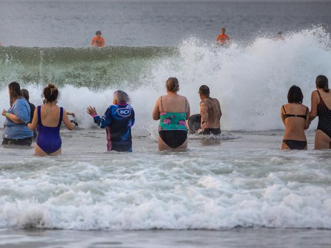 Swimmers brave cool midwinter water temperatures at Kingston Beach. Picture: Linda Higginson