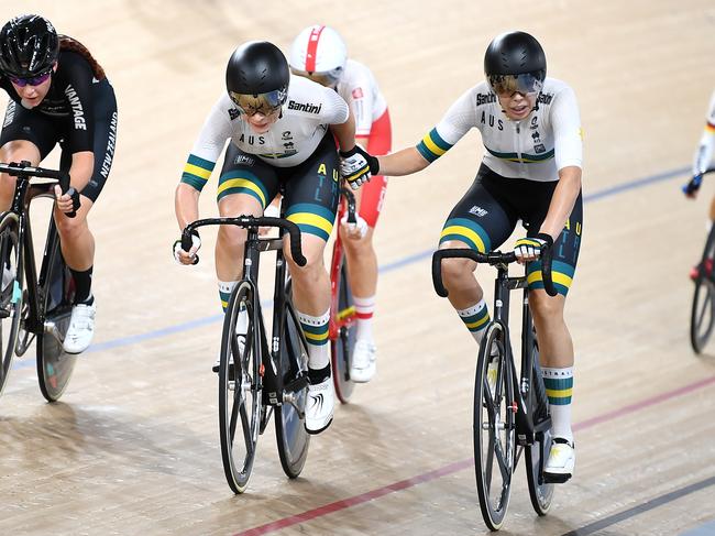 Australia's Georgia Baker (right) slings teammate Annette Edmondson during the Madison event at the Tissot UCI Track Cycling World Cup at the Anna Meares Velodrome in Brisbane. Picture: AAP IMAGE/DAN PELED