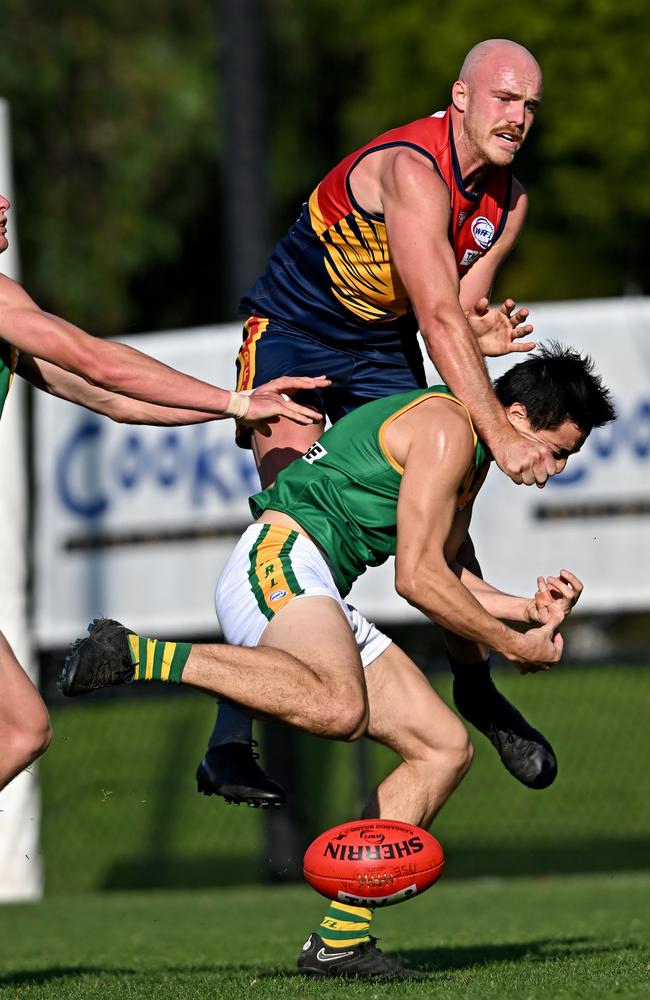 Aidan Johnson cracking in for Yarraville Seddon. Picture: Andy Brownbill