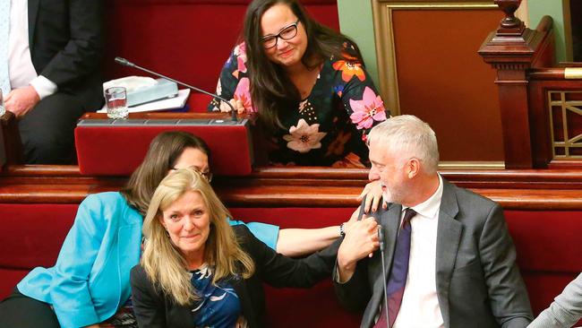 Celebrating with Gavin Jennings in the Victorian upper house last November when her euthanasia bill was passed. (Pic: Getty Images)