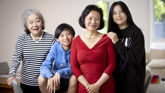 Cheng in her home in Melbourne with her children Alex, left, and Ava and her mother Hua. Picture: Arsineh Houspian