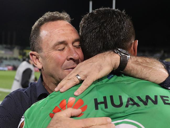 Canberra coach Ricky Stuart with Canberra's Josh Papalii after the Canberra Raiders v South Sydney Preliminary NRL Final at GIO Stadium, Canberra.