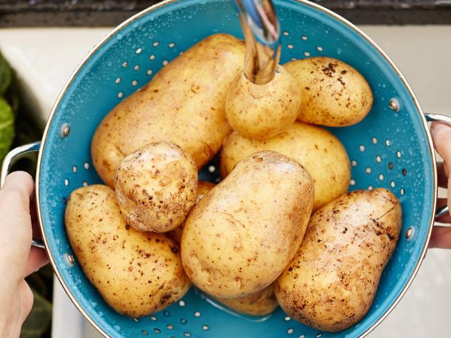 High angle cropped image of hands washing potatoes in colander. There are various vegetables on sink. Woman is holding root vegetable under faucet. She is in domestic kitchen.