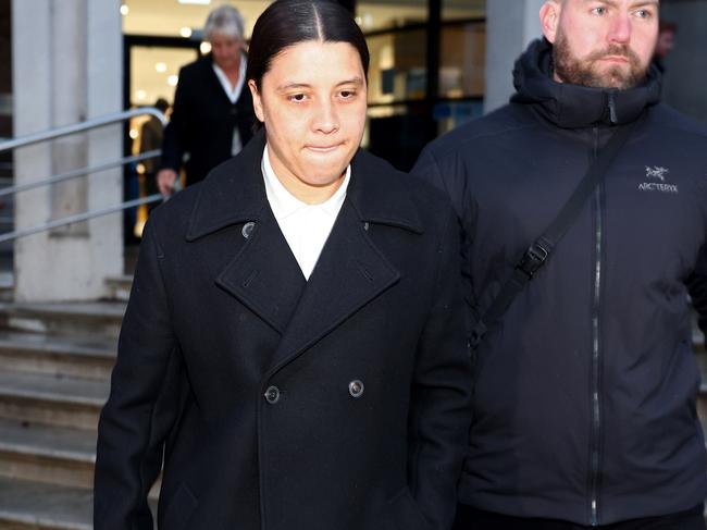 KINGSTON UPON THAMES, ENGLAND - FEBRUARY 10: Australian footballer Sam Kerr, leaves Kingston Crown Court on February 10, 2025 in Kingston upon Thames, England. The Matildas star, who also plays professionally for Chelsea in the Women's Super League, is facing charges of "racially aggravated harassment" of a police officer related to an incident in Twickenham on January 30, 2023. (Photo by Peter Nicholls/Getty Images)