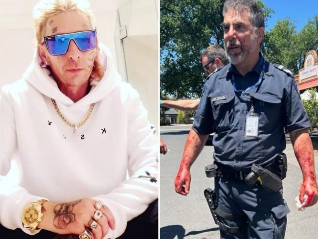 Bendigo thug Paul Wright, 44, pleaded guilty to viciously bashing Leading Senior Constable Bill Edwards with a motorcycle helmet. Picture: Supplied.