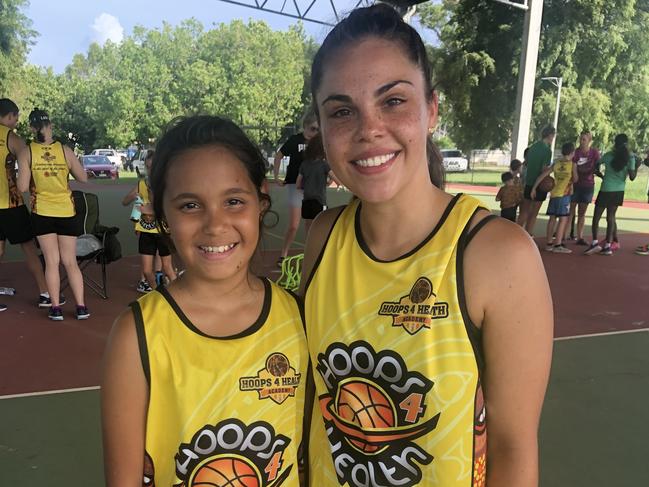 Jodicee Duggan with Canberra Capitals player and Darwin product Abby Cubillo. Picture: Hoops 4 Health